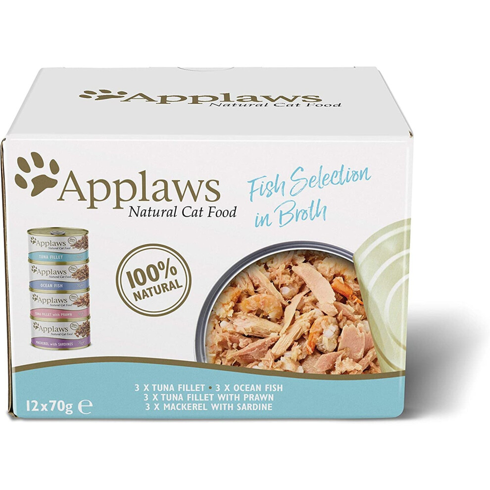 Applaws Natural Wet Cat Food, Multipack Fish Selection in Broth 70 g Tin (Pack of 12)