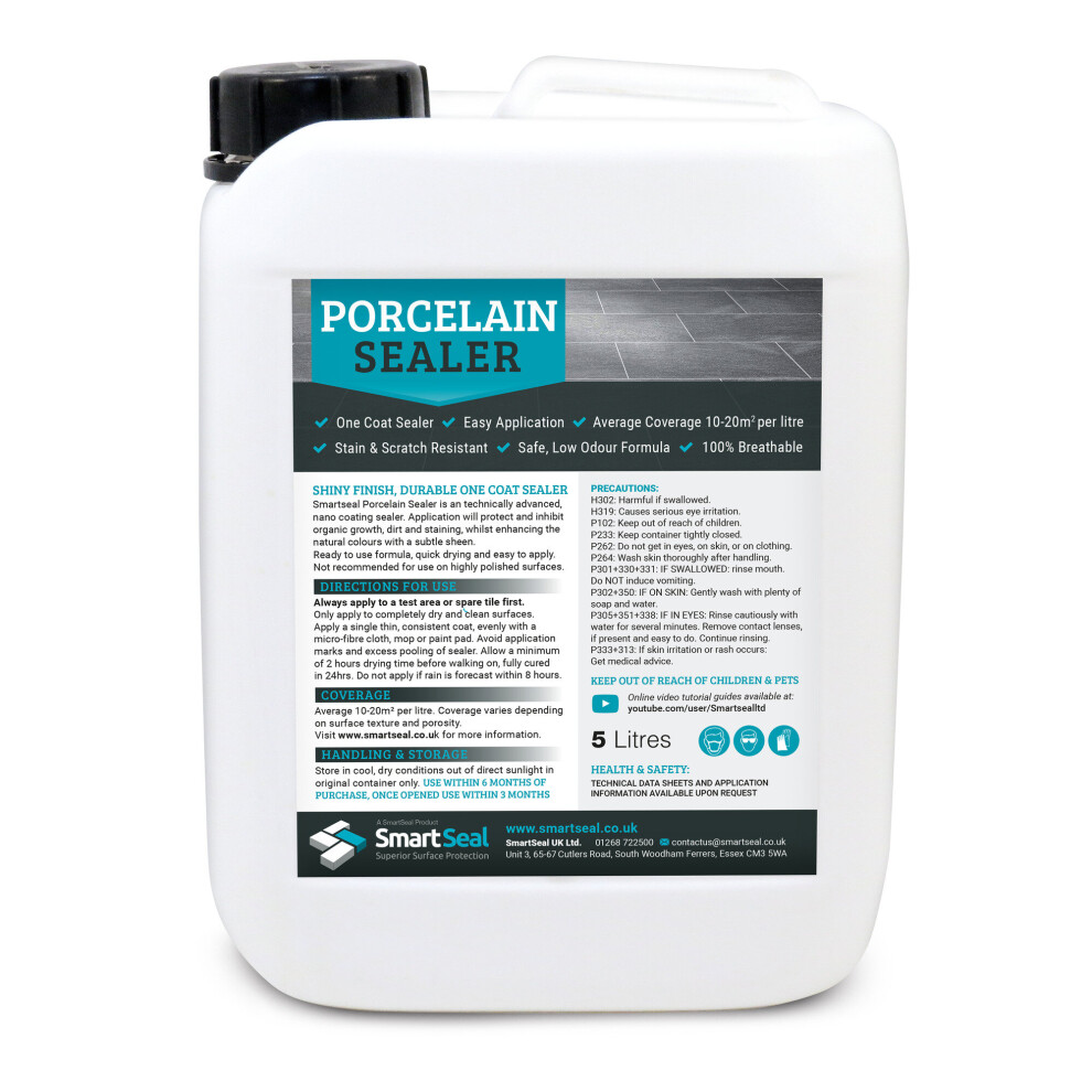 (5 Litres) Smartseal Porcelain Tile Sealer - Breathable, Ultra-Durable Protective Coating for Internal & External Porcelain/Ceramic Tiles Patios, Walls & Floors