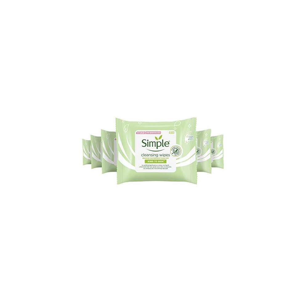 Simple Kind to Skin - Facial Wipes for sensitive skin with Glycerin, Vitamin E,and  Vitamin B5 -25 pc pack of 6