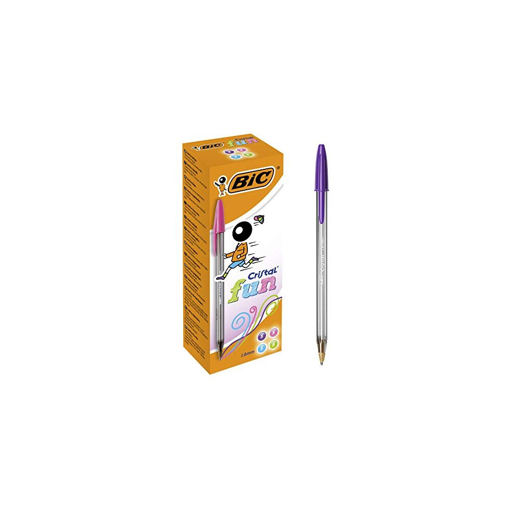 BIC Cristal Fun Ballpoint Pens With Wide Tip (1.6mm) Pens For Colourful Writing In Assorted Colours, Box of 20