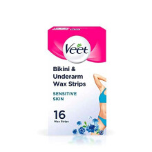 Veet Bikini and Underarm Cold Wax Strips for Sensitive Skin, 8 Double Sided Strips, Pack of 16