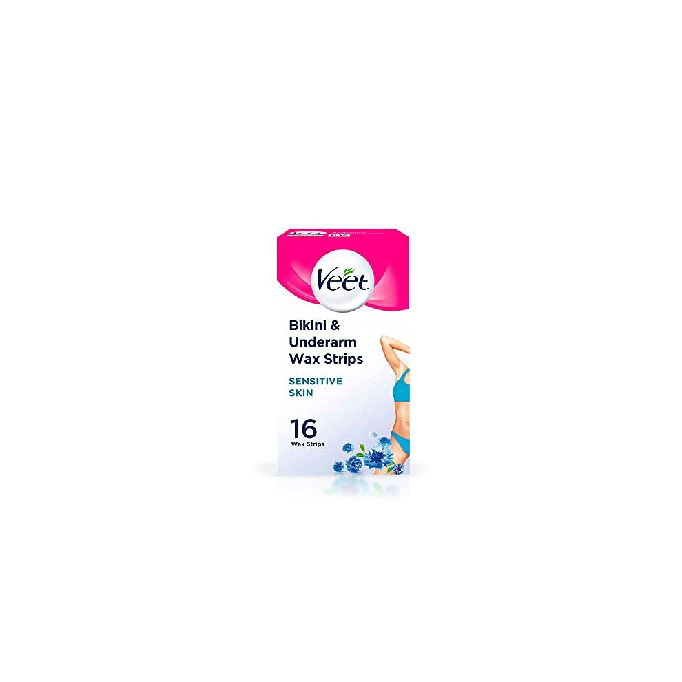 Veet Bikini and Underarm Cold Wax Strips for Sensitive Skin, 8 Double Sided Strips, Pack of 16