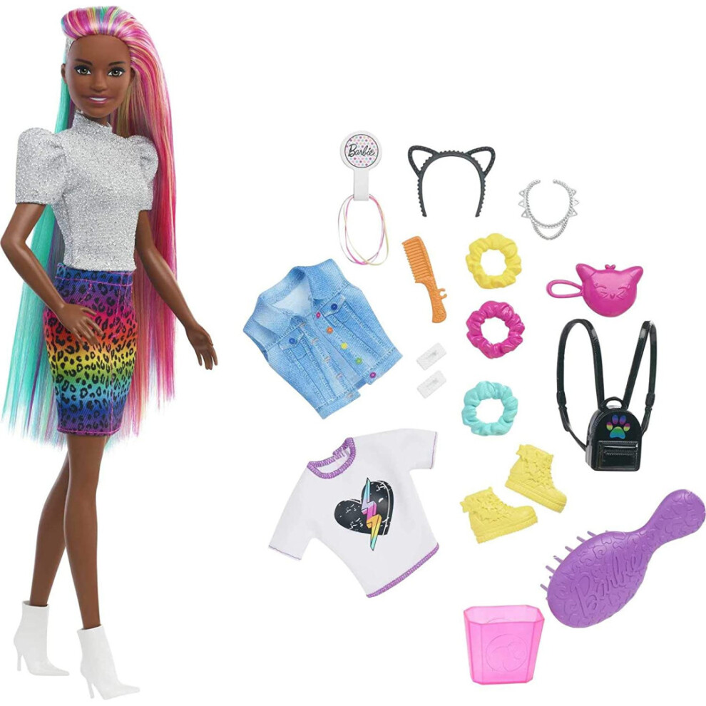 Barbie Leopard Rainbow Hair Doll with Accessories New Kids Childrens Toy Mattel