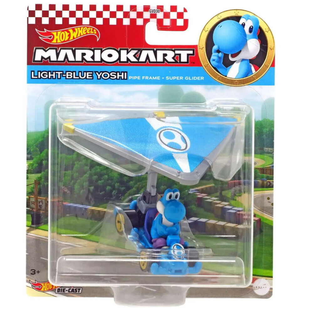 Hot Wheels Die Cast Light-Blue Yoshi Mario Kart Glider Vehicle