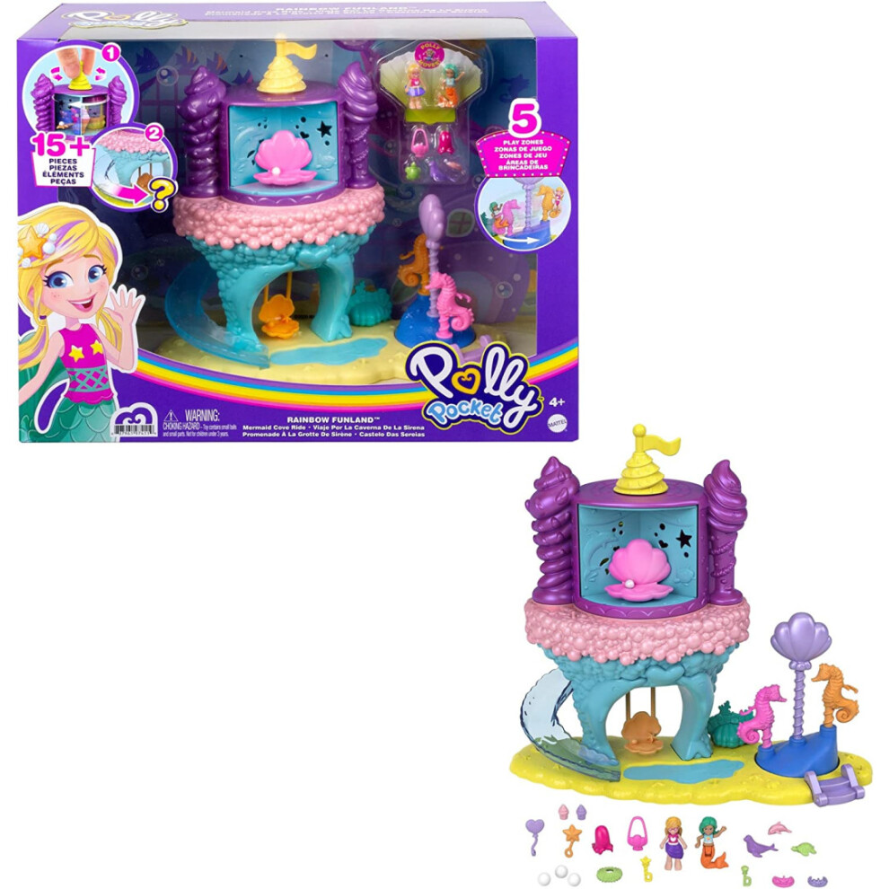 Polly Pocket Rainbow Funland Mermaid Cove Ride Playset Dolls & 5 Accessories