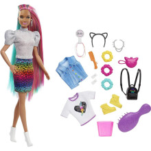 Barbie Doll Leopardo Capelli Arcobaleno con Colori Cambiabili e 16 Accessori di Stile