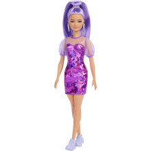 Muñeca Barbie Fashionistas, Petite, Pelo Largo Morado y Vestido Metálico Morado, Bodice y Mangas Transparentes, Zapatillas Moradas