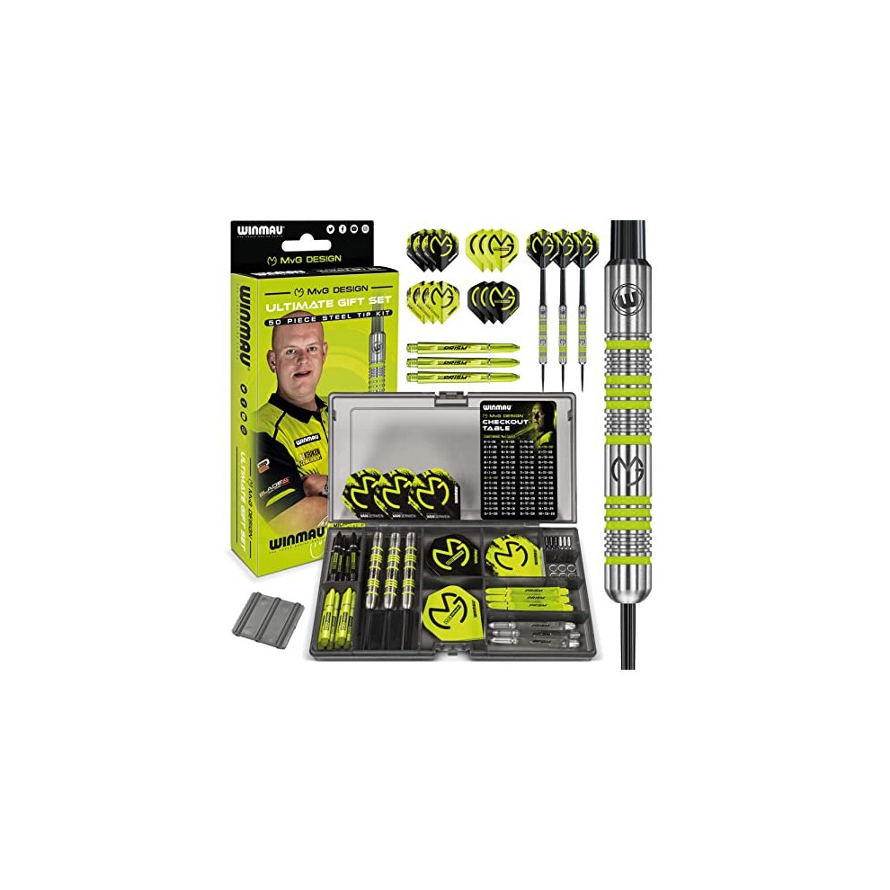 WINMAU Michael van Gerwen MvG Steeltip Gift Set - 50 Piece Darts Set with 4 sets of Shafts, 4 sets of Flights plus Accessories