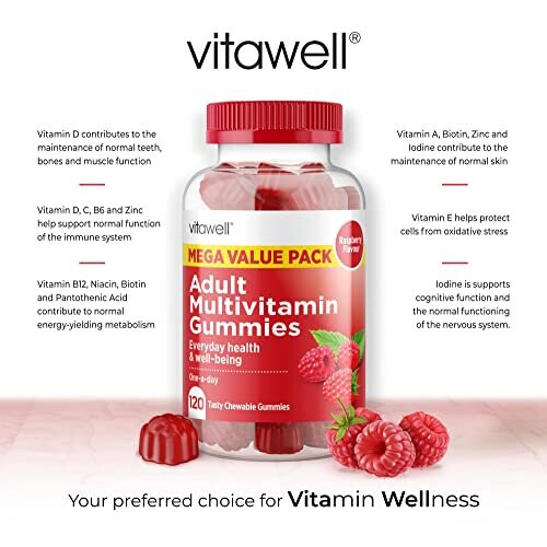 Vitawell Adult Multivitamin Gummies | 120 Raspberry Flavour Gummies ...