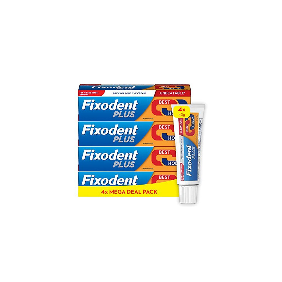 Fixodent Plus Denture Adhesive Cream, 40g x 4, Best Hold, Premium, Up to 88% of The Hold at The End of The Day