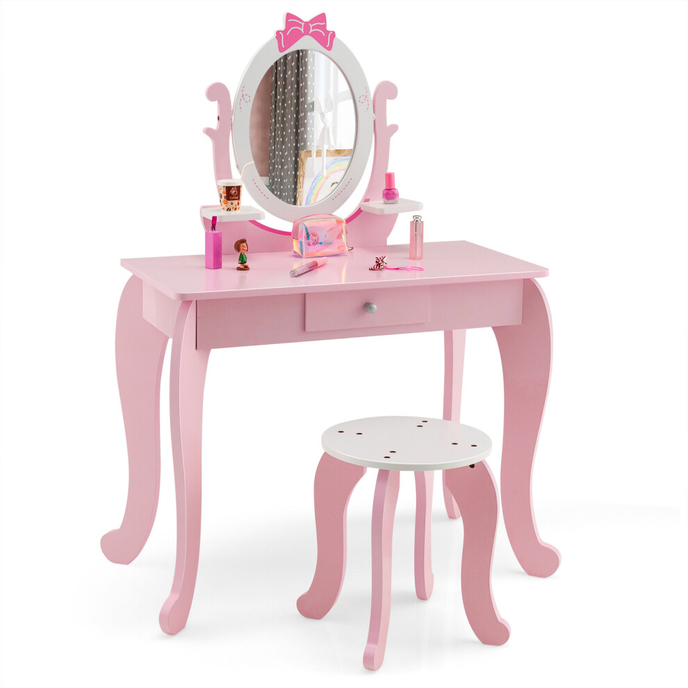 Kids Vanity Set 2-in-1 Kids Wooden Vanity Table with Stool Drawer