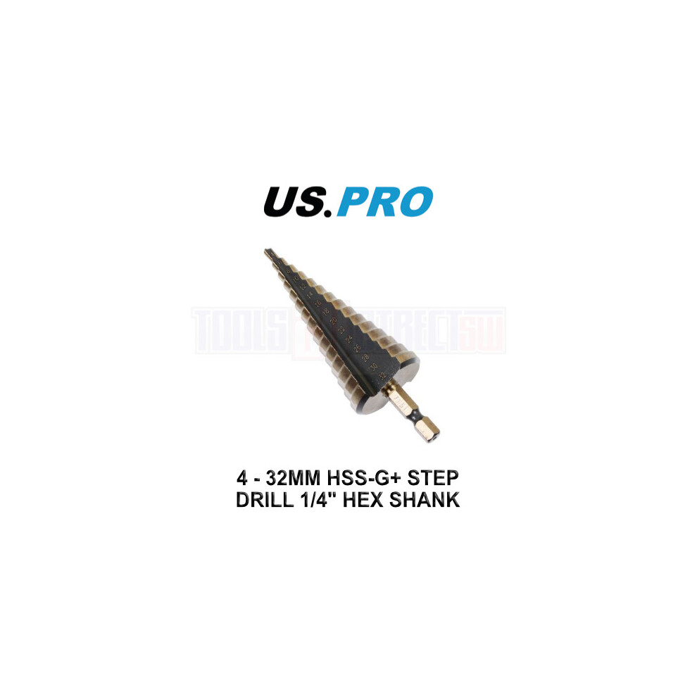 Us Pro Tools 4 - 32Mm Hss-G+ Step Drill Step Cone 1/4" Hex Shank 7131