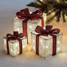 Decorative Coloured Christmas Parcel LED Light Up Set with Bow Indoor Outdoor Decoration Xmas Lights - Set of 3 (Silver & Red)