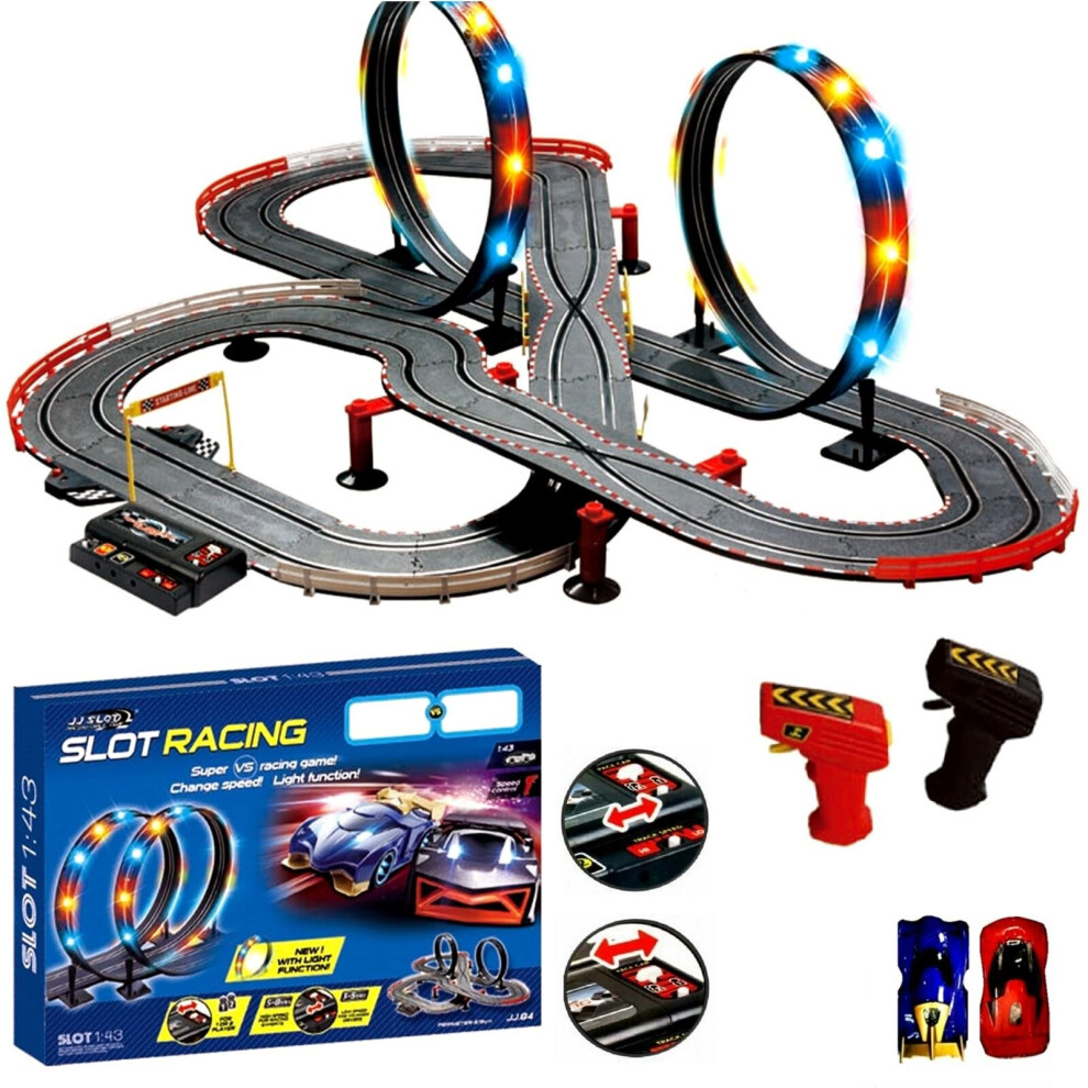 Large Remote Control Light Up Slot Car Racing Track Set Toy Game JJ85