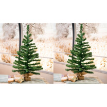 2-Pack Kaemingk 60cm Tabletop Christmas Trees in Natural Jute Bag – Neutral, Compact Decor for Windowsills or Tables