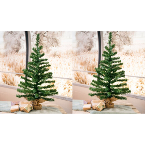 2-Pack Kaemingk 60cm Tabletop Christmas Trees in Natural Jute Bag – Neutral, Compact Decor for Windowsills or Tables