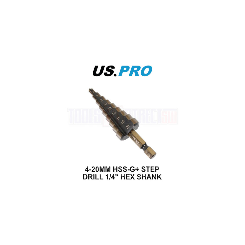 Us Pro Tools 4 - 20Mm Hss-G+ Step Drill Step Cone 1/4" Hex Shank 7130