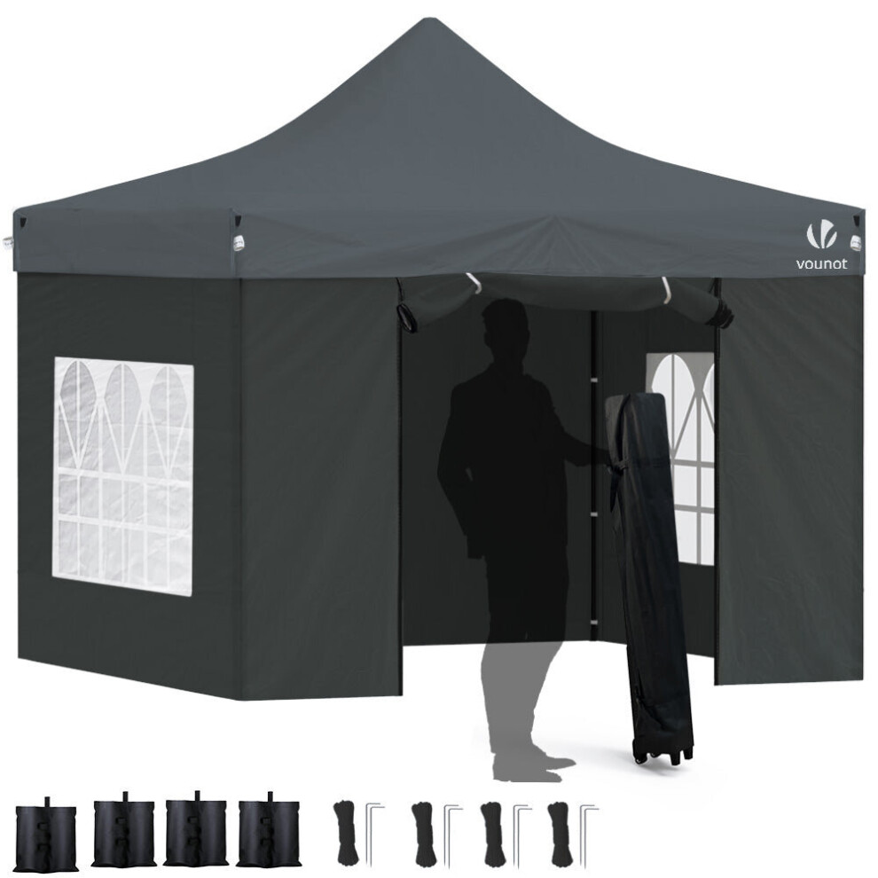 VOUNOT 3x3m Heavy Duty Gazebo with 4 Sides, Pop up Gazebo Fully Waterproof Party Tent with Roller Bag and Leg Weights, Grey