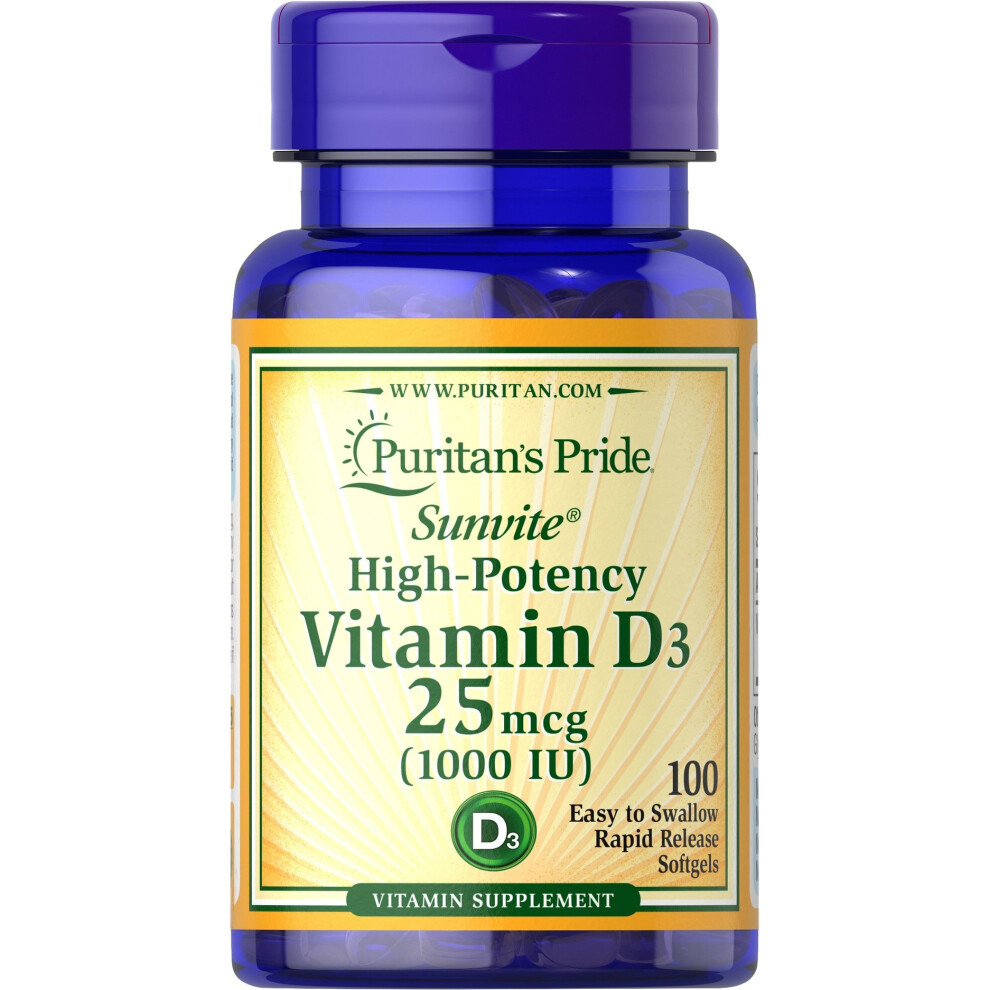 PURITAN'S PRIDE Sunvite Vitamin D, D3 1000iu, 100 Softgel Capsules