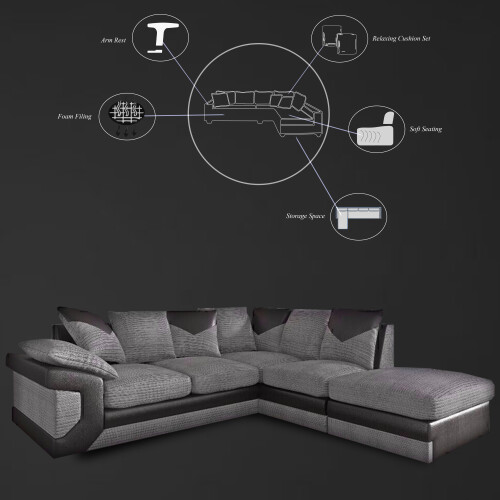 MN Furniture (Black Grey, Right Corner Sofa) Modern Denver 3+2 and Corner Luxuries Sofa 1