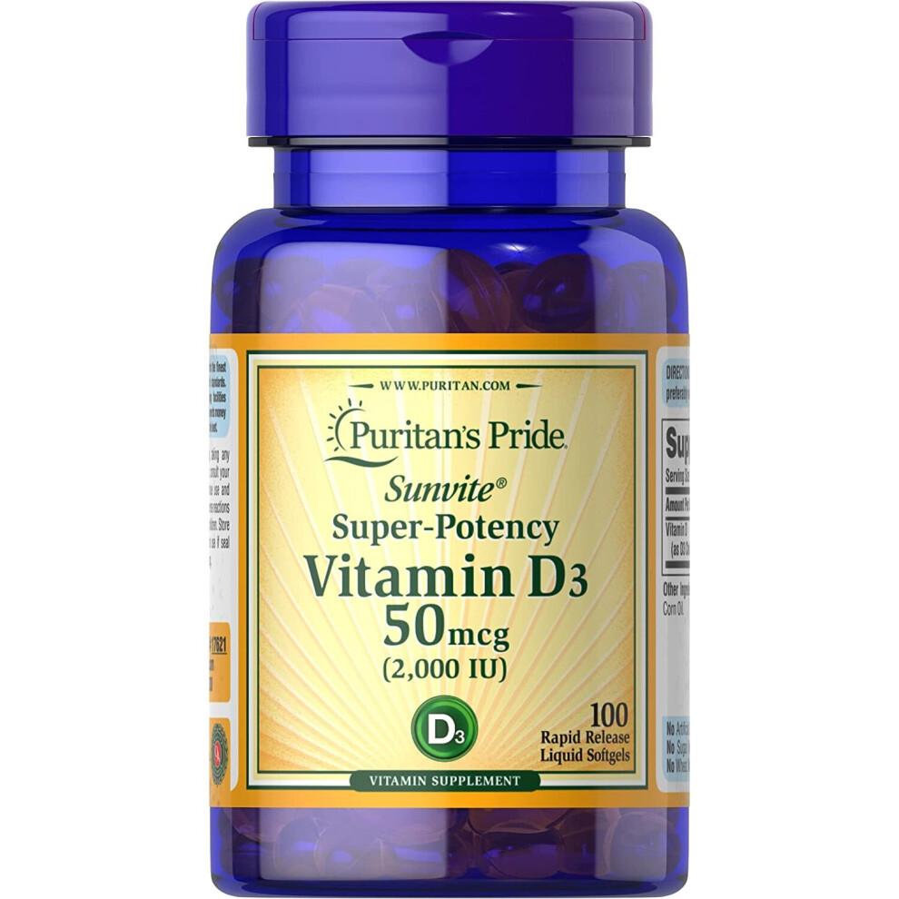 PURITAN'S PRIDE Sunvite Vitamin D, D3 2000iu, 100 Softgel Capsules