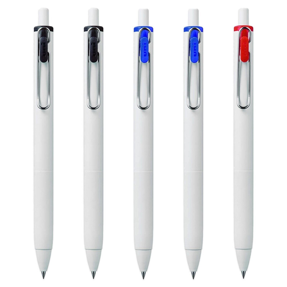 Uni-Ball UMN-S-05 Retractable Gel Ink Rollerball Pens - White Barrel - Black, Blue, Red - Pack of 5