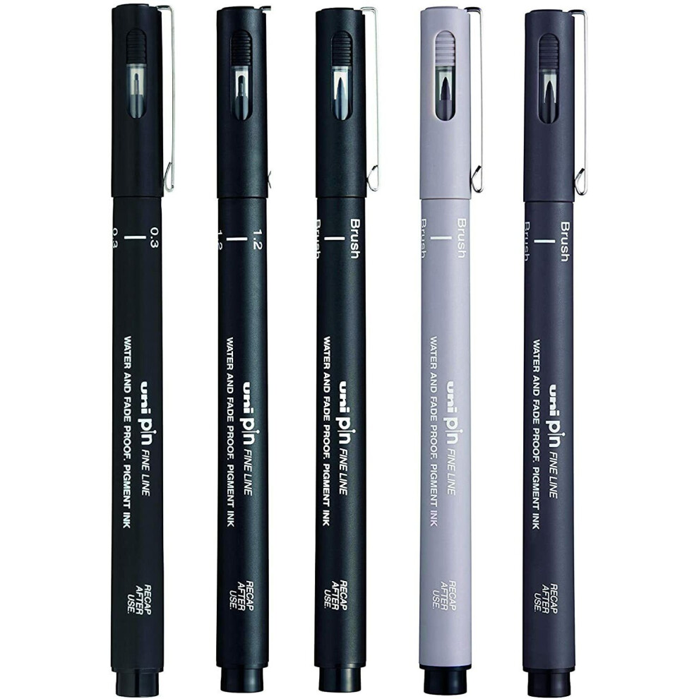 Uni-Ball Pin Drawing Pen - 03/12/Brush - Light Grey/ Dark Grey/ Black - Wallet of 5