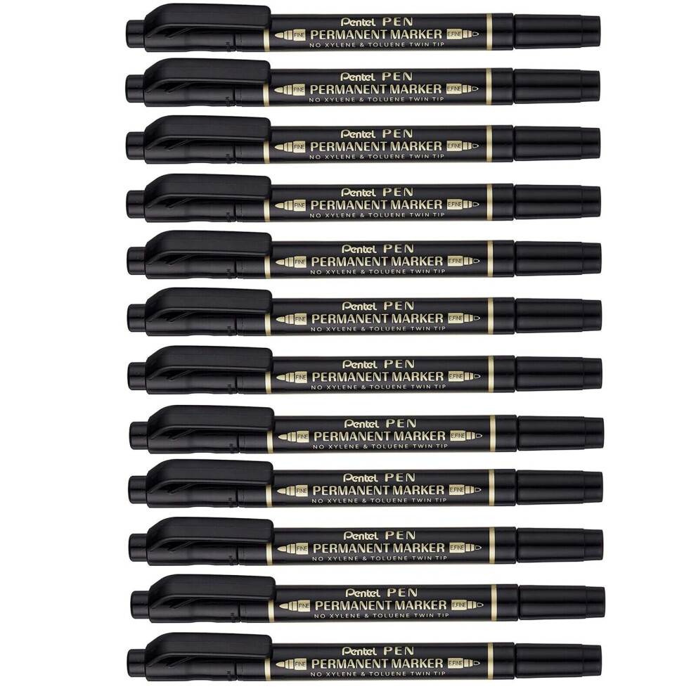 Pentel Twin Tipped Permanent Marker - Fine/Extra Fine Nib - Black - Pack of 12