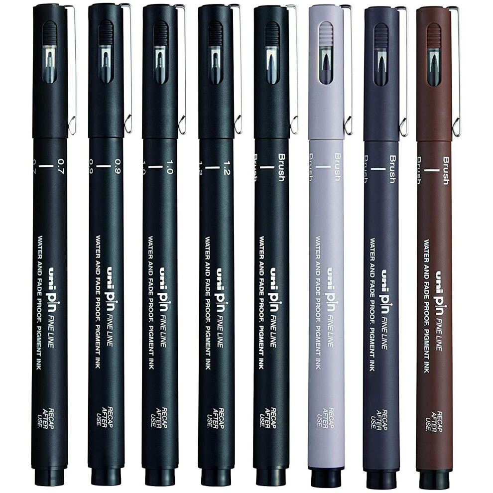 Uni-Ball Pin Drawing Pen - 07/09/10/12/Brush - Light Grey/ Dark Grey/ Black/ Sepia - Wallet of 8