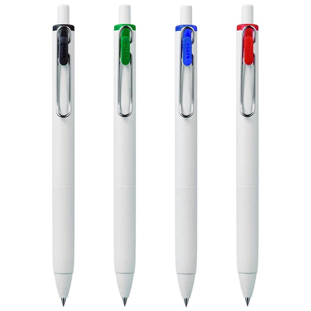 Uni-Ball UMN-S-05 Retractable Gel Ink Rollerball Pens - White Barrel - Black, Blue, Red and Green - Pack of 4