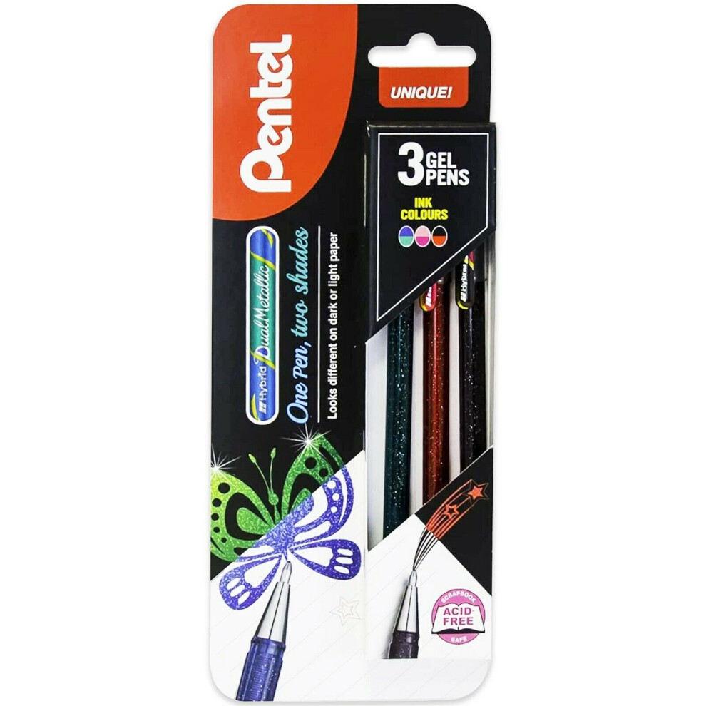 Pentel Hybrid - Dual Metallic - Liquid Gel Rollerball Pen - K110 - Green/Pink/Black - Blister Pack of 3 - XK110/3-DPAX