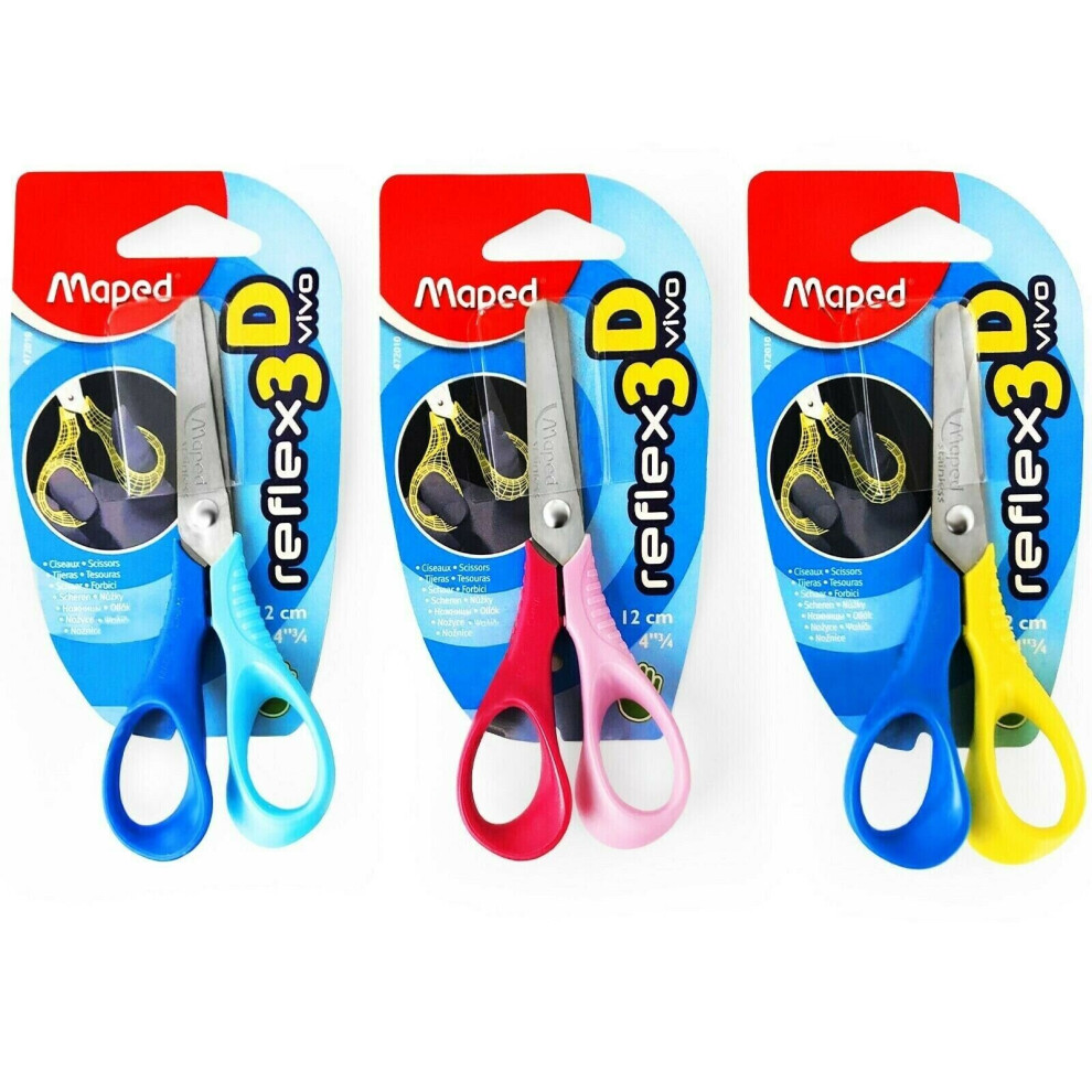 Maped Reflex 3D Vivo Right Handed Children's Scissors - 12cm/4" - Stainless Steel - Pack of 3 - Assorted Colours