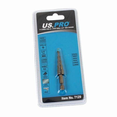 us pro US PRO Tools 4 - 12mm HSS-G+ Step Drill Step Cone 1/4" Hex Shank 7129 2