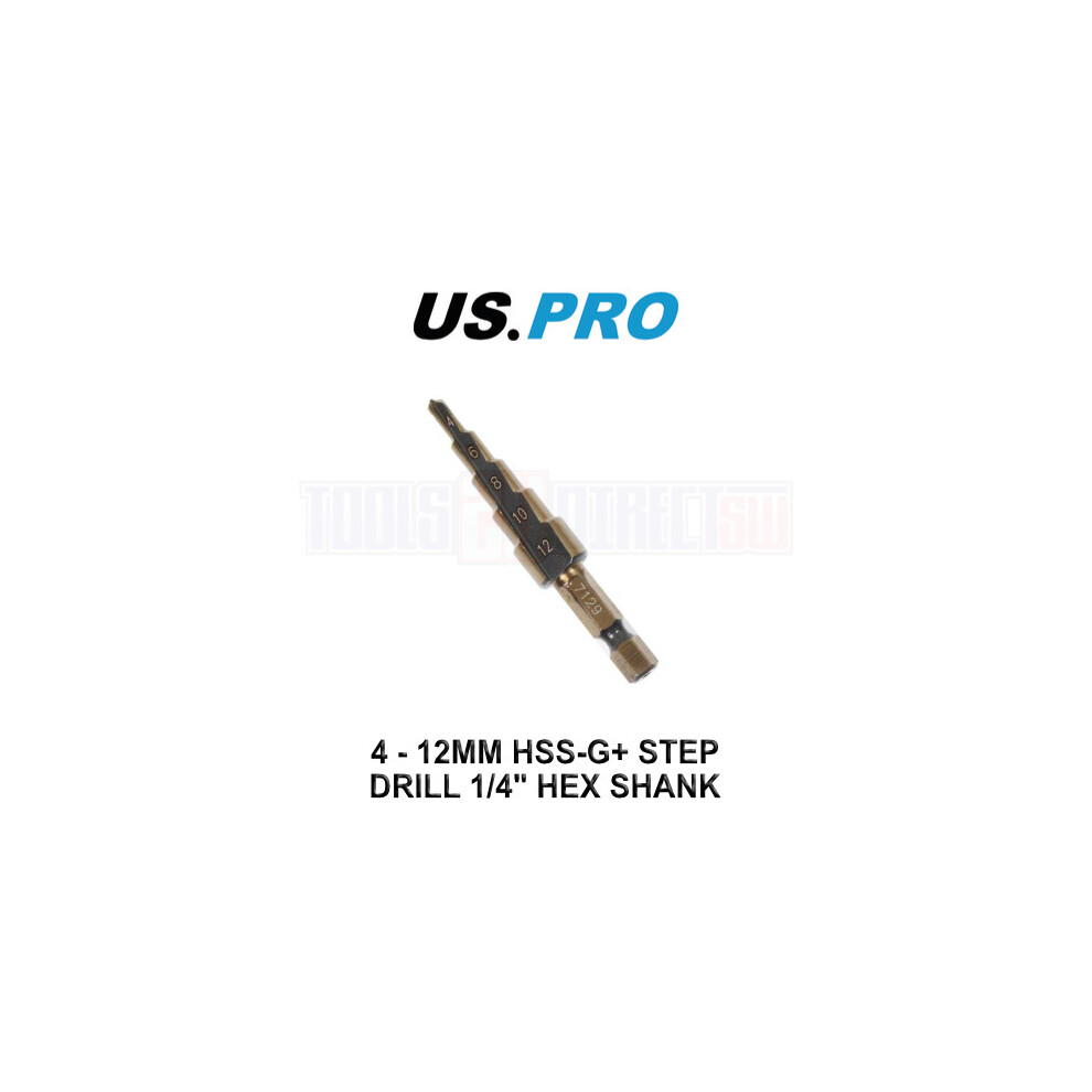 US PRO Tools 4 - 12mm HSS-G+ Step Drill Step Cone 1/4" Hex Shank 7129