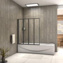 Matt Black 4-Fold Bath Shower Screen, 4mm Clear Glass, 1000x1400mm, Universal Left/Right Fit, Durable Thick Aluminium Frame, CE EN12150 Certified