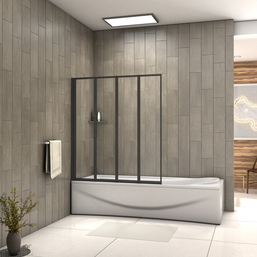 Matt Black 4 Fold Folding Bath Screen Shower 4mm Glass Panel 1000x1400