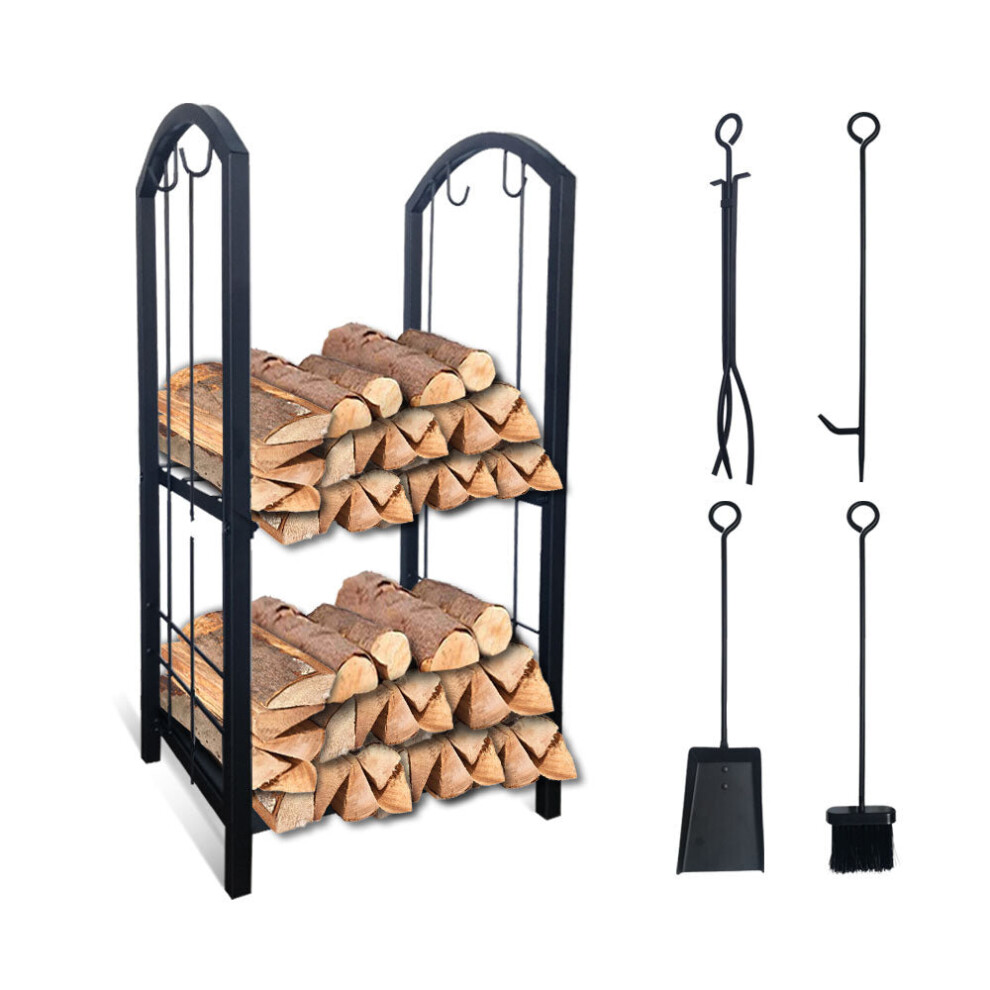 VOUNOT Firewood Log Rack with 4pcs Fireplace Tools, Metal Log Store Indoor, Black, 38 x 33 x 75 cm
