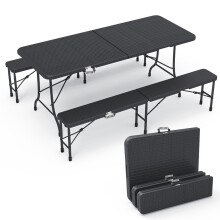 VOUNOT Folding Table Bench Set Trestle Portable Party Picnic BBQ Camping Set, Black