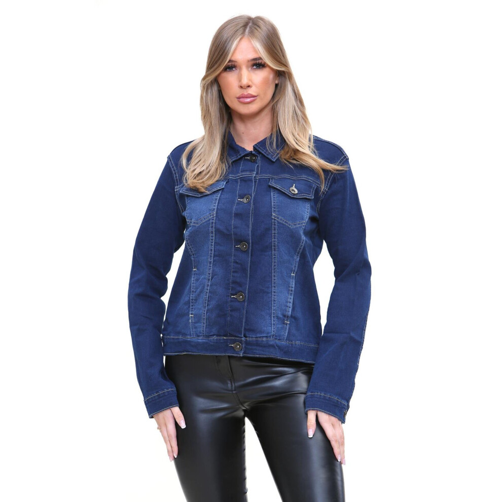 (Dark Wash - TF10, UK 12) TRUE FACE Ladies Denim Jacket Casual Jean Coat Top