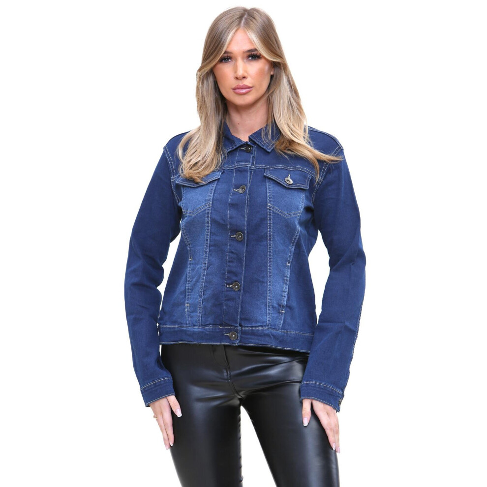 (Stone Wash - TF10, UK 10) TRUE FACE Ladies Denim Jacket Casual Jean Coat Top