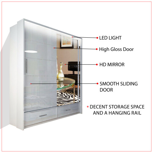 MN Furniture (White, 150) Malega High Gloss Sliding Mirror Door Wardrobe 2