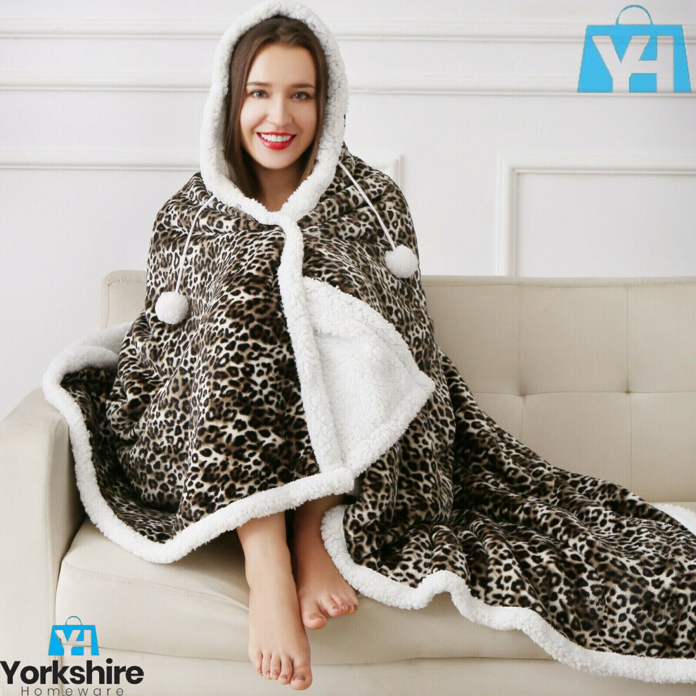 LEOPARD PRINT HOODED SNUGGLE BLANKET SOFT HOODIE FLEECE REVERSE WARM THROW