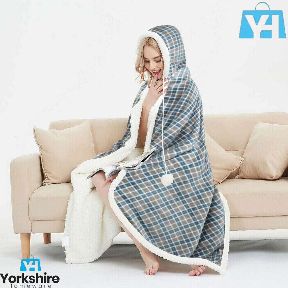 GREY CHECKED PRINT HOODED SNUGGLE BLANKET SOFT HOODIE FLEECE REVERSE WARM THROW