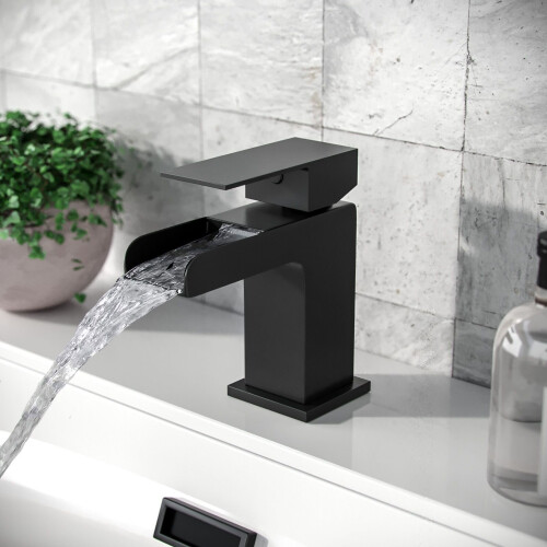 Matt Black Waterfall Basin Mono Mixer Tap Incl Clicker Waste