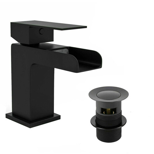 Matt Black Waterfall Basin Mono Mixer Tap Incl Clicker Waste 1