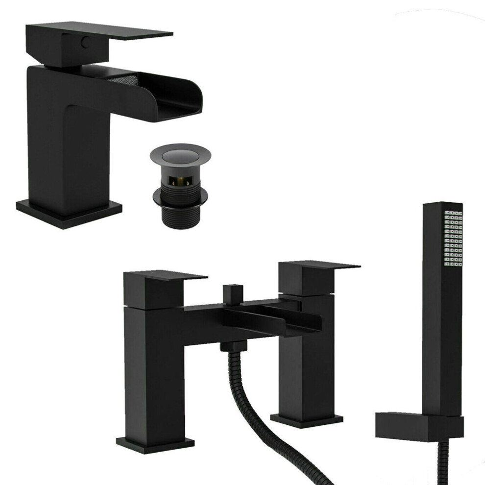 Matt Black Bathroom Tap Set Shower Mixer Tap Inc Hose & Handset (Dunk) 5060651452523