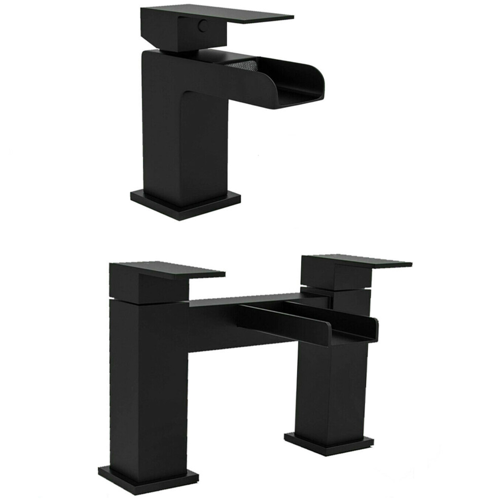 Matt Black Waterfall Bath Filler Tap & Basin Mixer Tap Square 5060966979739