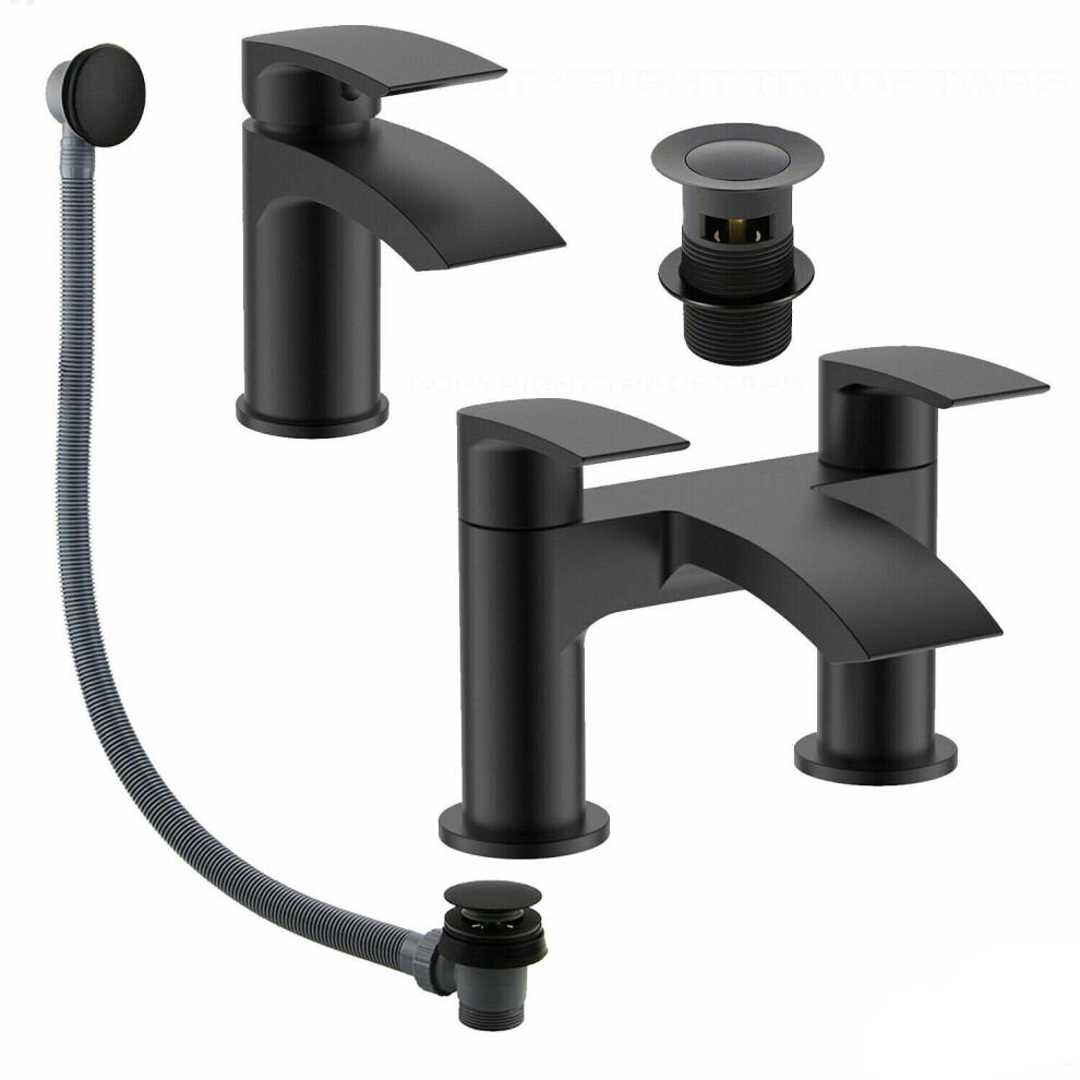 Matt Black Waterfall Bath Filler & Basin Mixer Tap Inc Bath Waste 5060651453872
