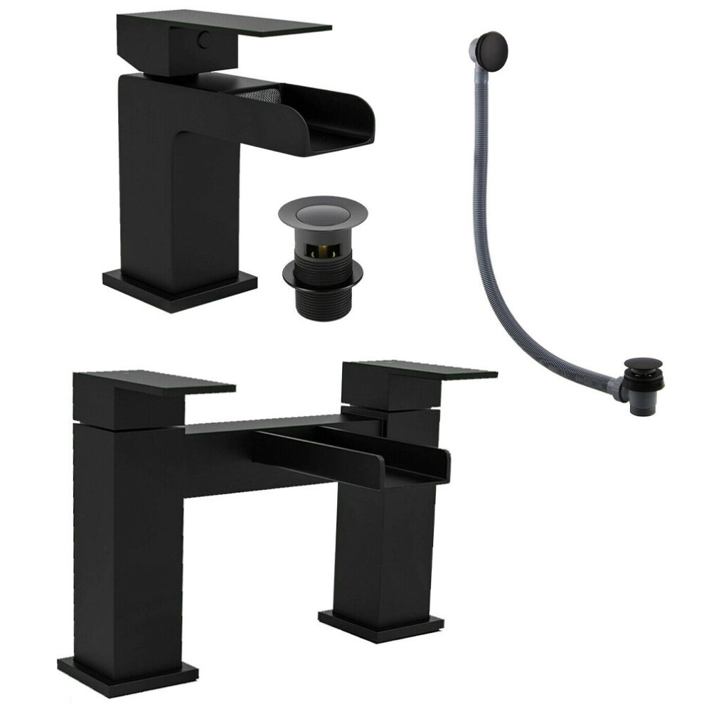 Matt Black Waterfall Bath Filler & Basin Mixer Tap Inc Wastes 5060651456439