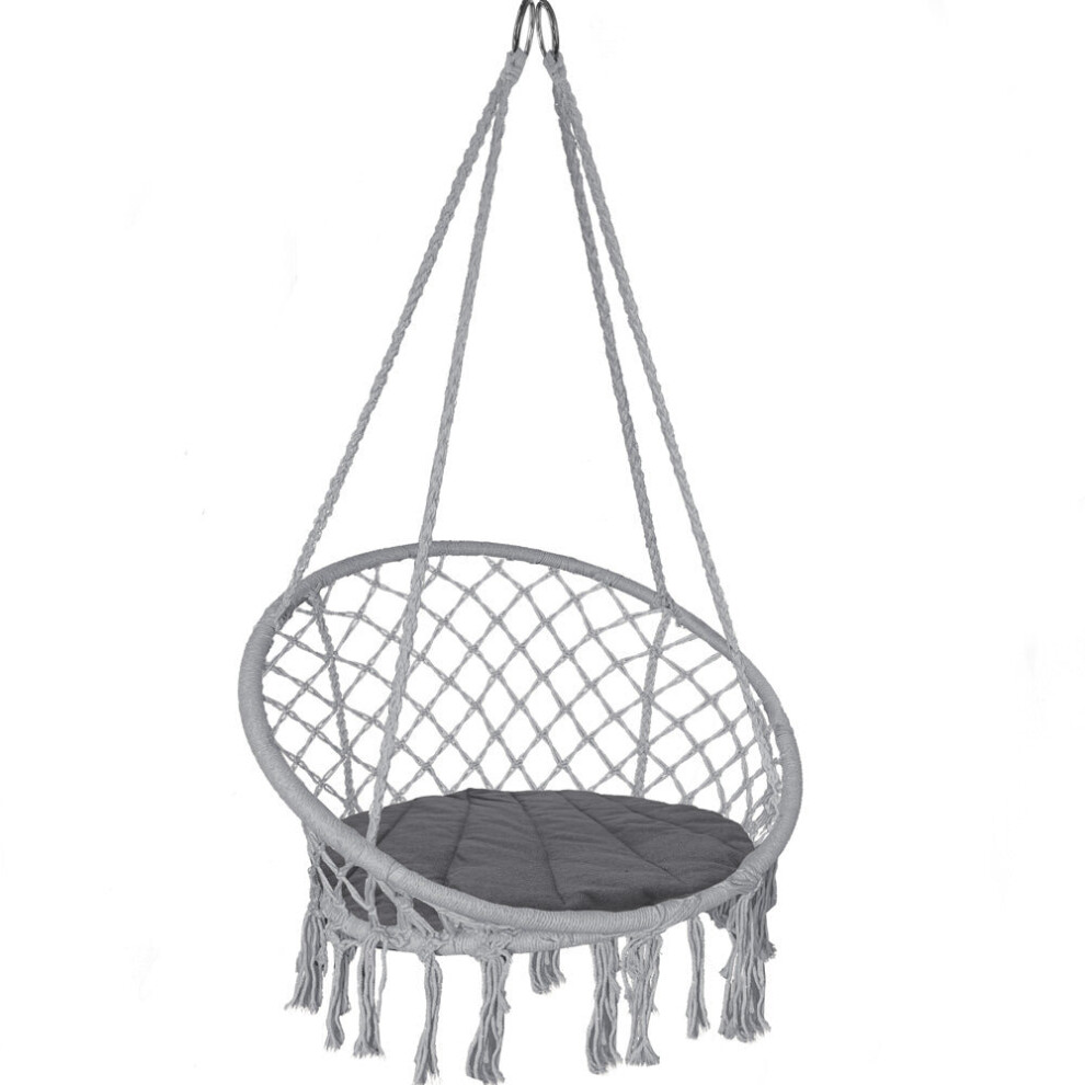 Vounot Swing Chair With Round Seat Cushion, Macrame Hammock Hanging Chair For Indoor, Outdoor, Grey